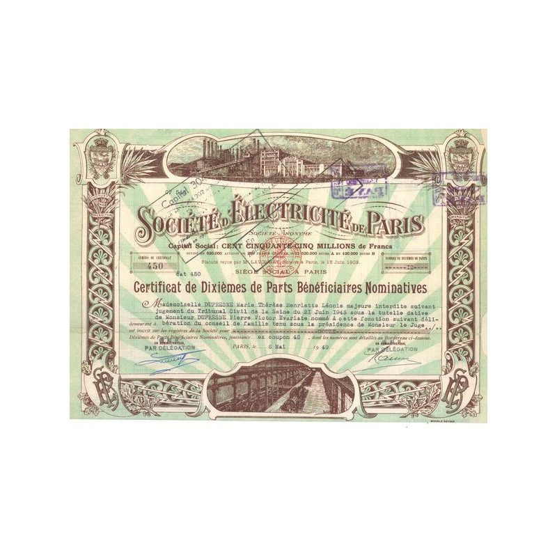 Sté d'Electricité de Paris (Certif Nomin 10ème PB)