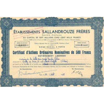 Ets Sallandrouze Frères (Certif Nomin de 500F)