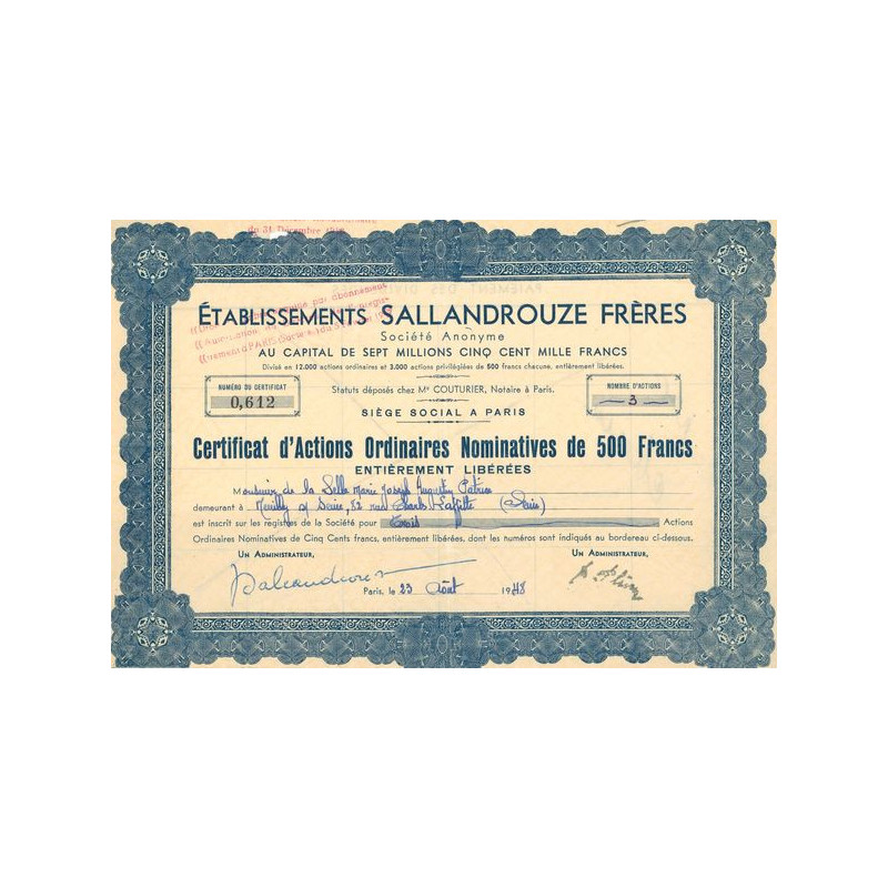 Ets Sallandrouze Frères (Certif Nomin de 500F)
