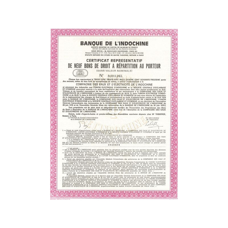 Banque de l'Indochine - Cie des Eaux et d'Electricité de l'Indochine (Certif de Bons de Droit à Répartition)