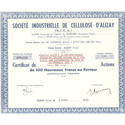 Sté Industrielle de Cellulose d'Alizay (Certif Nomin de 100NF)