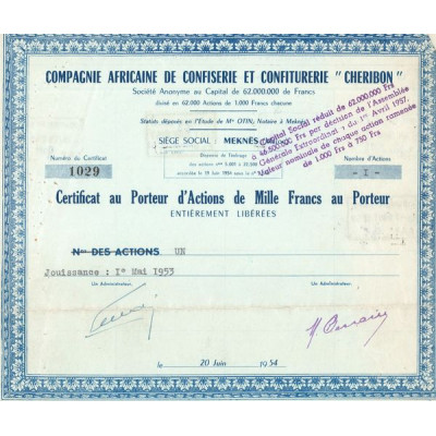Cie Africaine de Confiserie et Confiturerie "Cheribon" (Certif Nomin de 1000F)