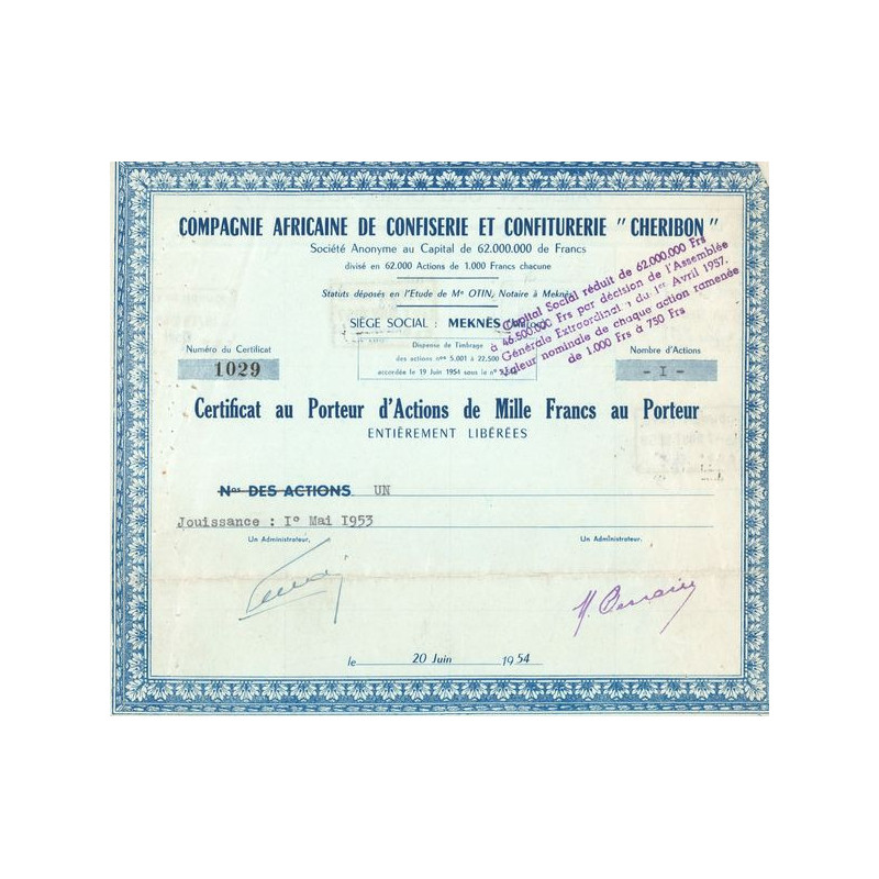 Cie Africaine de Confiserie et Confiturerie "Cheribon" (Certif Nomin de 1000F)