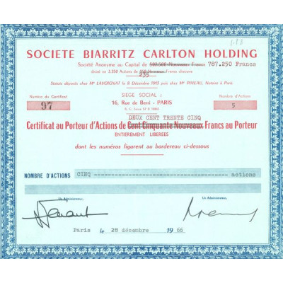 Sté Biarritz Carlton Holding (Certif Nomin de 235F)