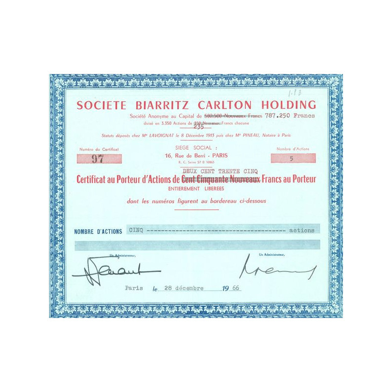 Sté Biarritz Carlton Holding (Certif Nomin de 235F)