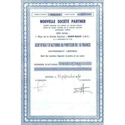 Nouvelle Sté Partner (Certif Nomin de 10F)