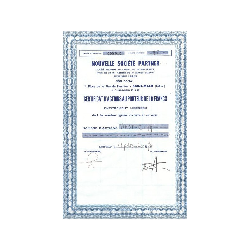 Nouvelle Sté Partner (Certif Nomin de 10F)