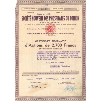 Sté Nouvelle des Phosphates du Tonkin (Certif Act Nomin 2700 F)