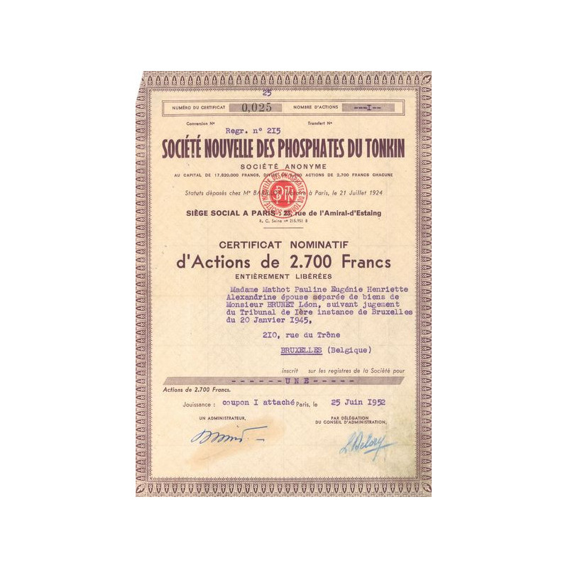 Sté Nouvelle des Phosphates du Tonkin (Certif Act Nomin 2700 F)