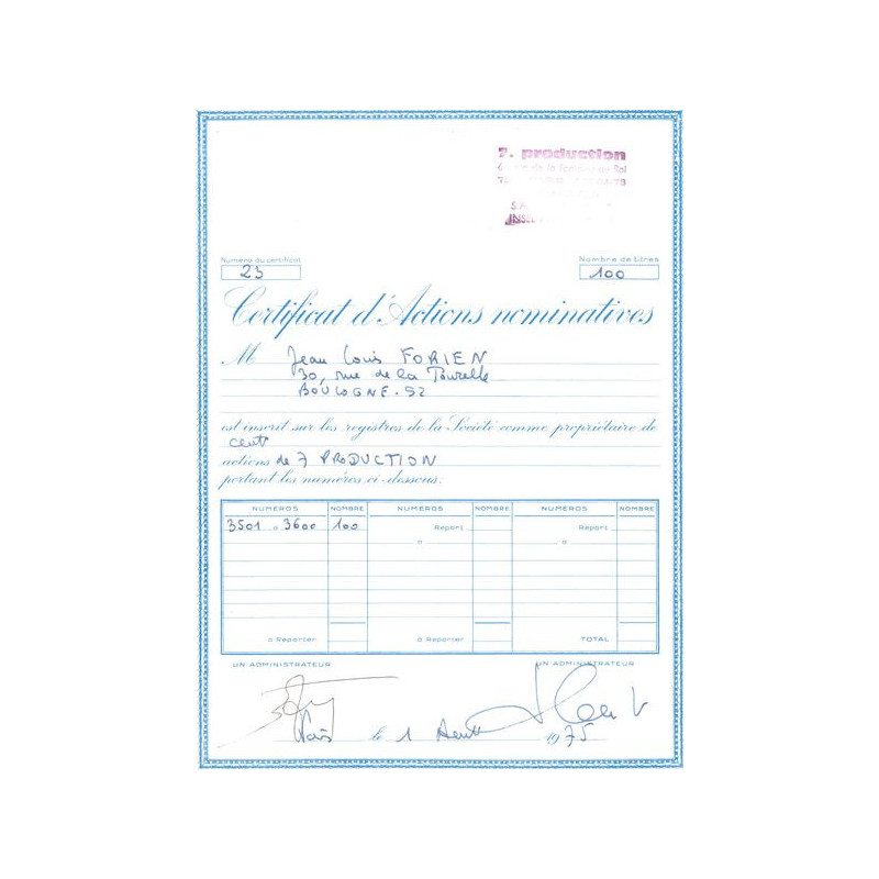7. Production (Certif Nomin 100 Act)