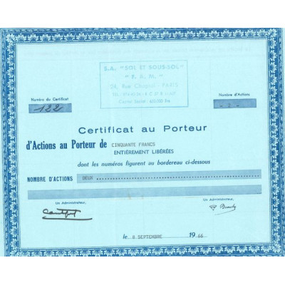 S.A "Sol et Sous-Sol" "F.A.M" (Certif d'Act 50 F)