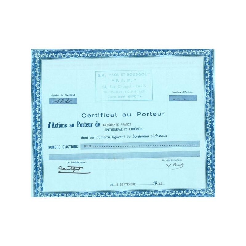 S.A "Sol et Sous-Sol" "F.A.M" (Certif d'Act 50 F)
