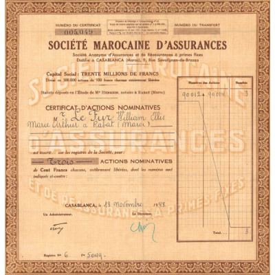 Sté Marocaine d'Assurances (Titre 03 Certif Nomin)