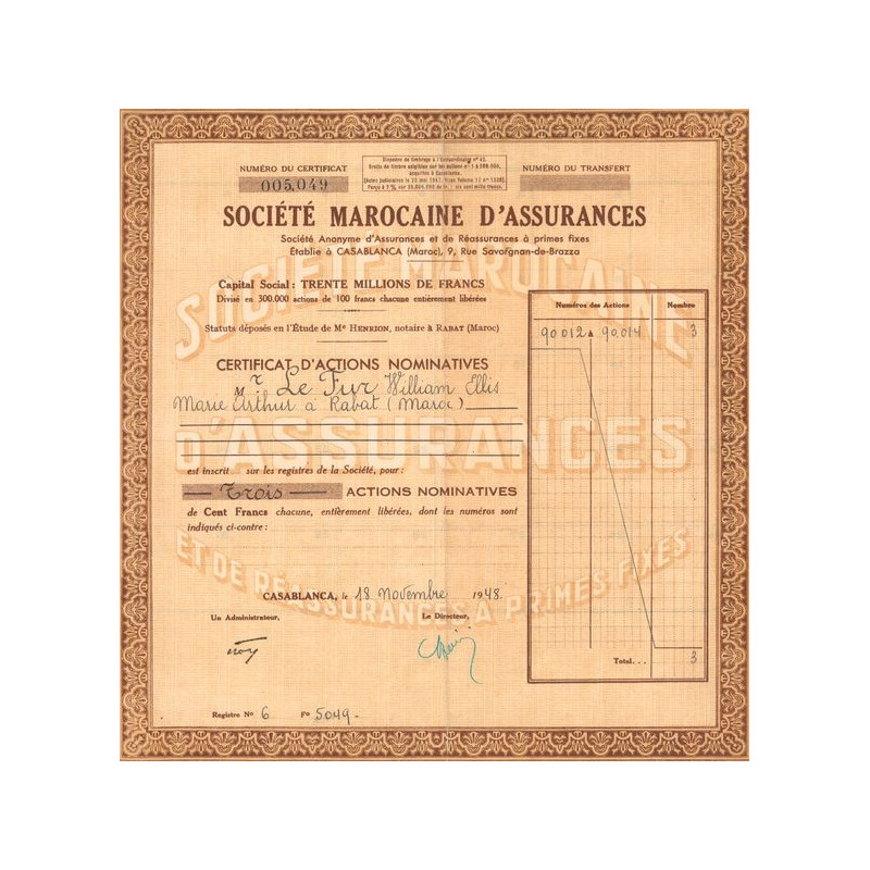 Sté Marocaine d'Assurances (Titre 03 Certif Nomin)