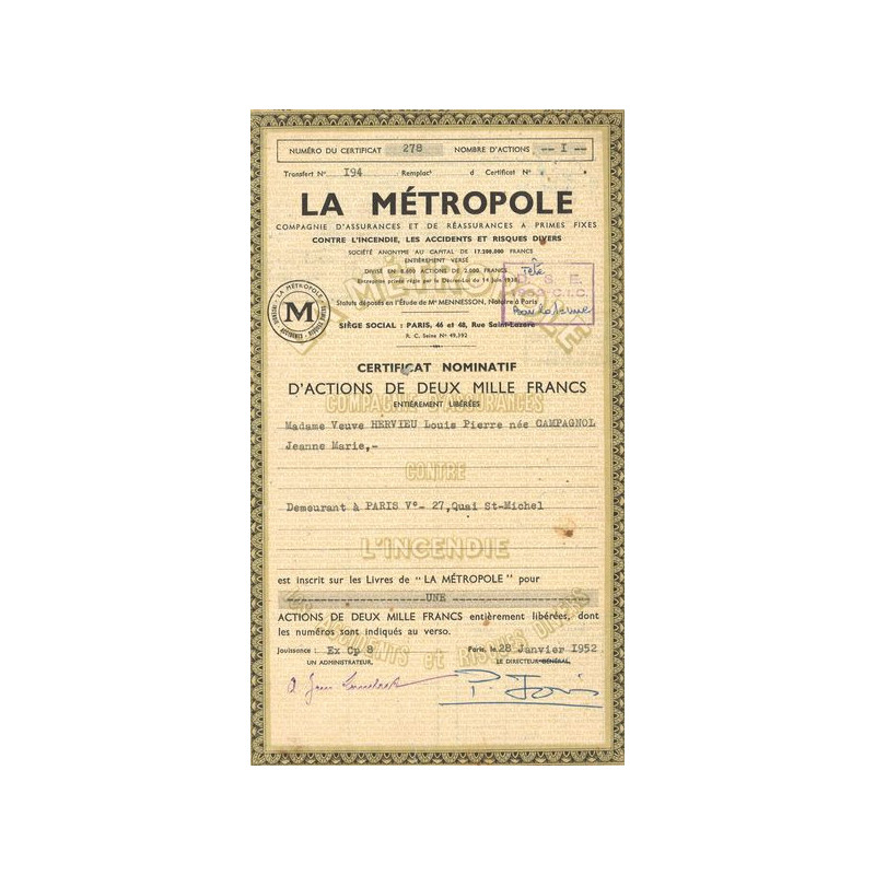 La Métropole Cie d'Assrances et de Réassurances à Primes Fixes Contre les l'Incendie (Certif Nomin Act 2000 F)