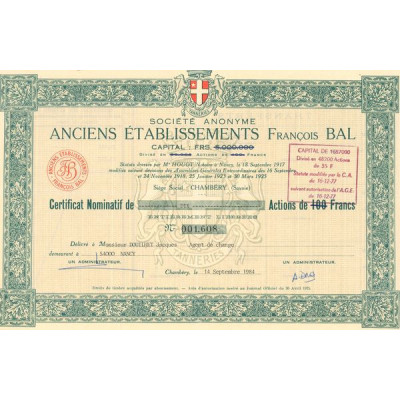 S.A. Anciens Ets François Bal (Certif Nomin Act 100 F)