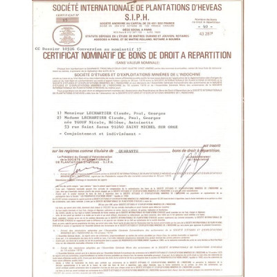 Sté Internationale de Plantations d'Heveas S.I.P.H. (Certif Nomin Bon Droit a Repartition)