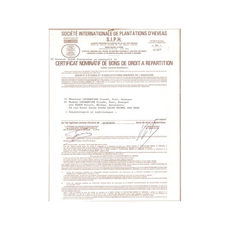 Sté Internationale de Plantations d'Heveas S.I.P.H. (Certif Nomin Bon Droit a Repartition)
