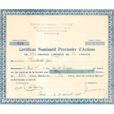 Coopérative de Consommation "Monceau" - 1948 (Certif Nomin Provisoire d'Act 100 F)