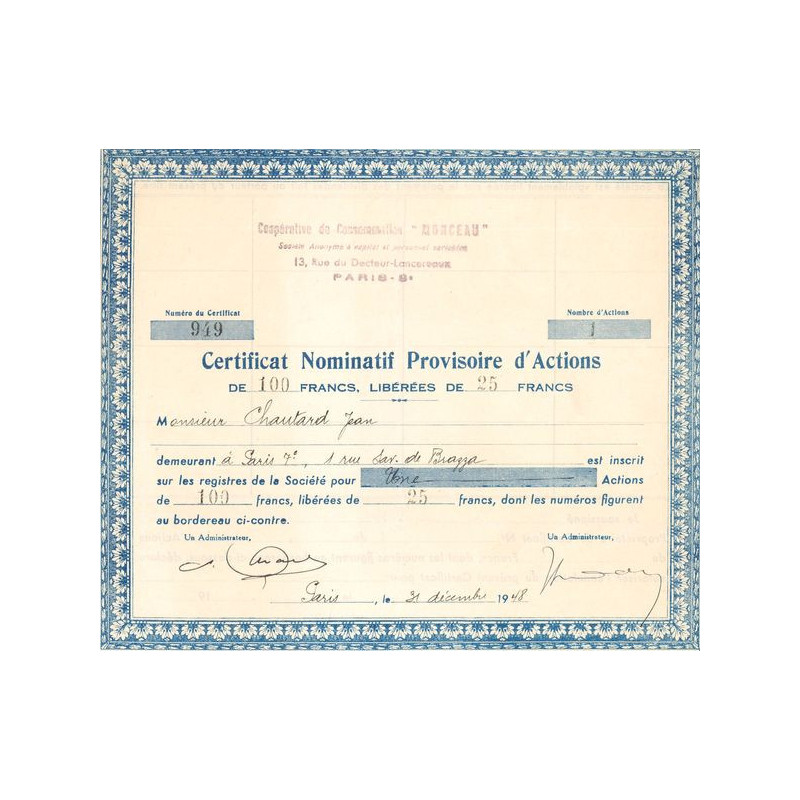 Coopérative de Consommation "Monceau" - 1948 (Certif Nomin Provisoire d'Act 100 F)
