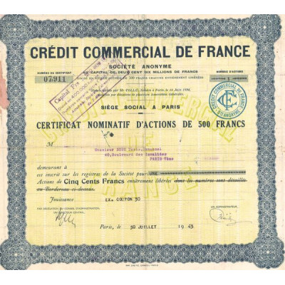 Crédit Commercial de France (Certif Nomin d'Act 100 F)