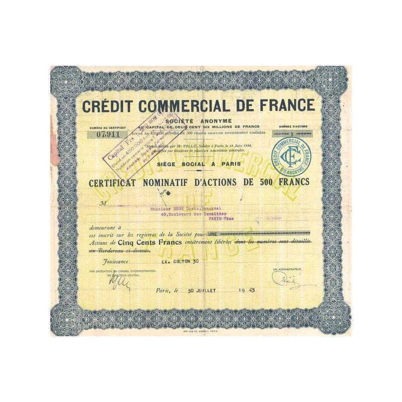 Crédit Commercial de France (Certif Nomin d'Act 100 F)