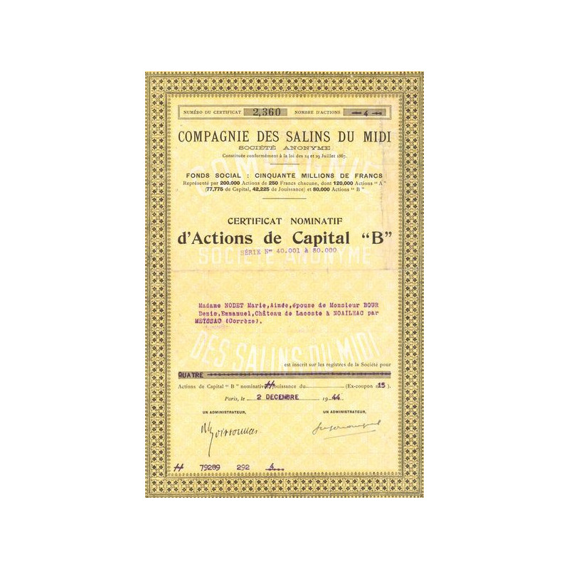 Compagnie des Salins du Midi (Certif Nomin d'Act de Captital B)