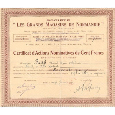 Sté "Les Grands Magasins de Normandie" (Certif Nomin d'Act 100 F)