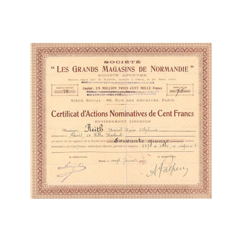 Sté "Les Grands Magasins de Normandie" (Certif Nomin d'Act 100 F)