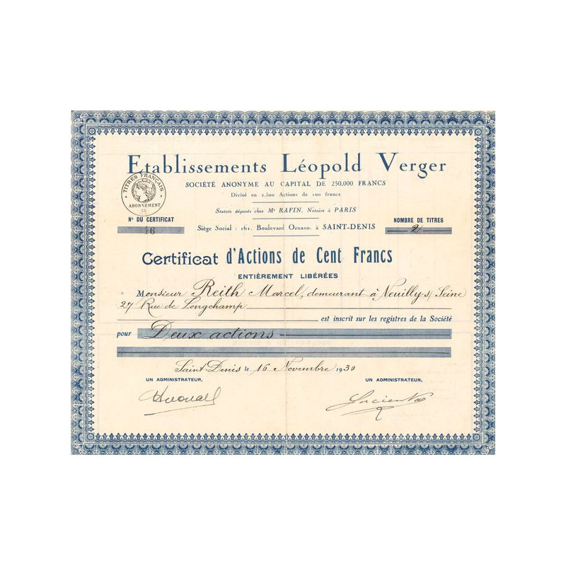 Ets Léopold Verger (Certif d'Act 100 F)
