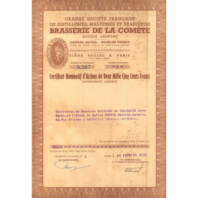 Grande Sté Française de Distilleries Malteries et Brasseries - Brasserie de la Comète (Certif Nomin d'Act 2500 F)
