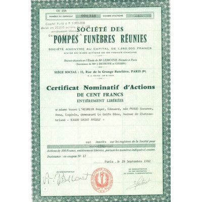 Sté des Pompes Funèbres Réunies (Certif Nomin d'Act 100 F)