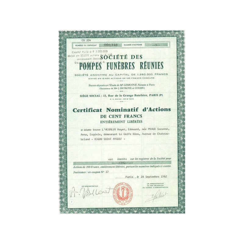 Sté des Pompes Funèbres Réunies (Certif Nomin d'Act 100 F)