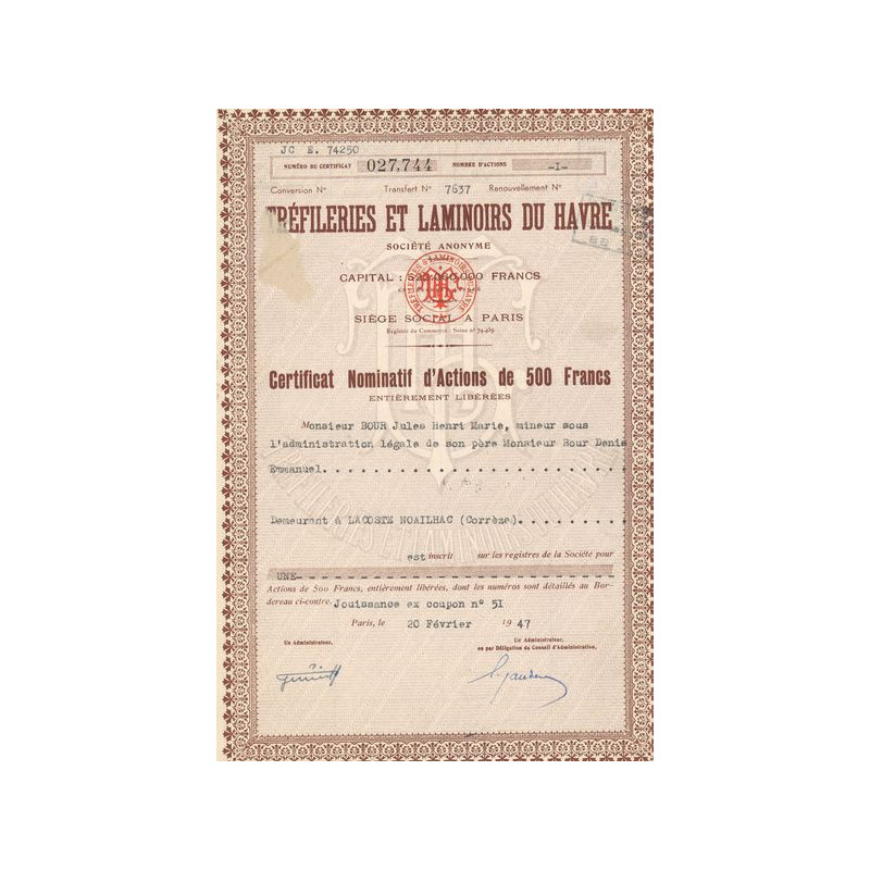 Tréfileries et Laminoirs du Havre (Certif Nomin Act 500 F)