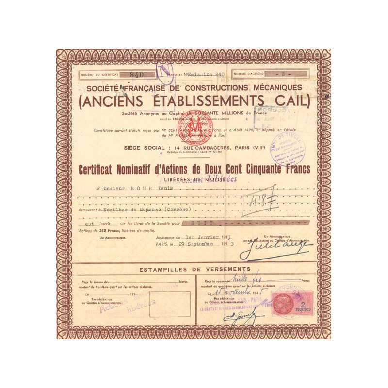 Sté Française de Constructions Mécaniques (Anciens Ets Cail) (CN Act 250F) 1943