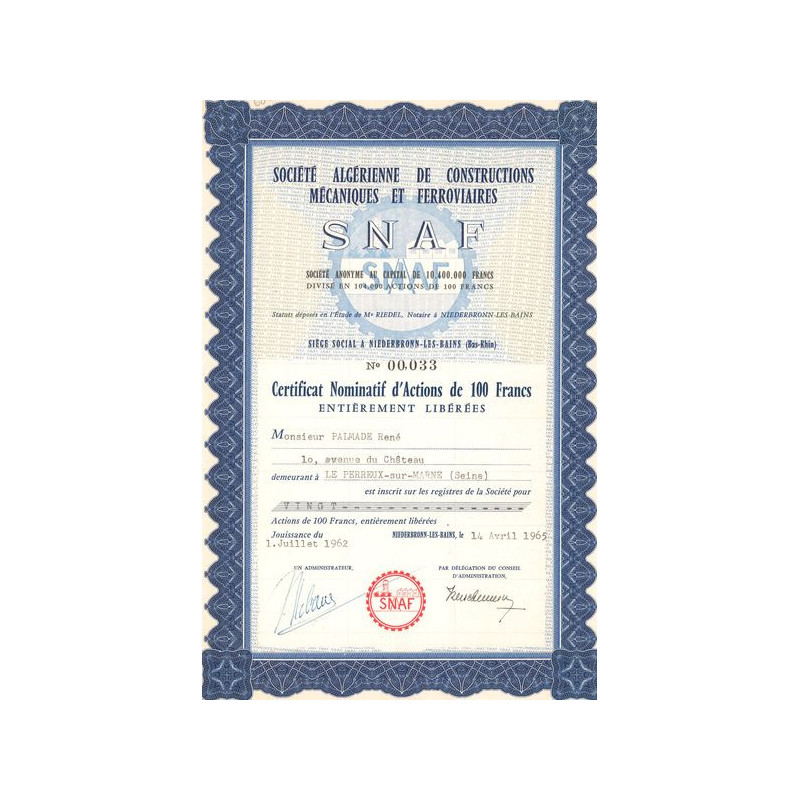 Sté Algérienne des Constructions Mécaniques et Ferroviaires SNAF (CN Act 100F)