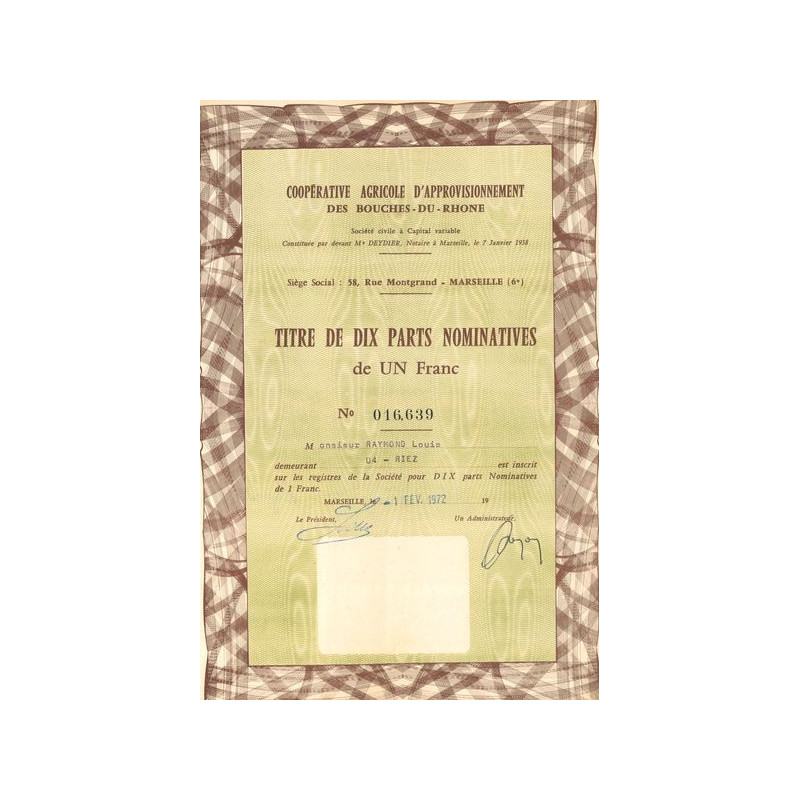 Coopérative Agricole d'Approvisionnement des Bouches-du-Rhône (Titre 10 Act Nomin)