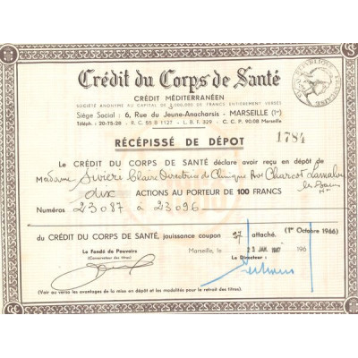 Crédit du Corps de Santé Crédit Méditerranéen (Récipissé de dépôt 100F)