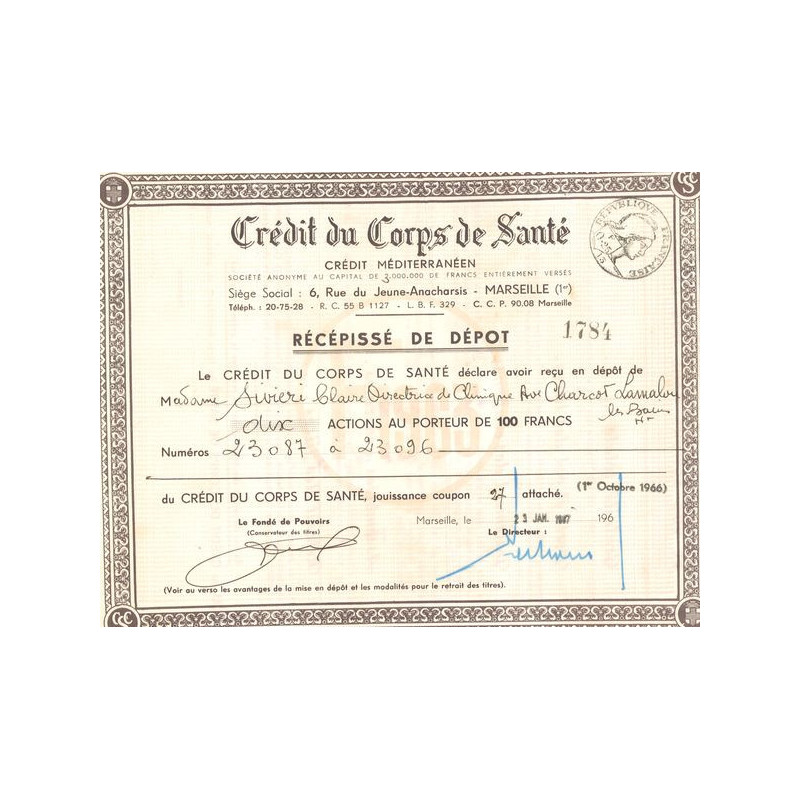 Crédit du Corps de Santé Crédit Méditerranéen (Récipissé de dépôt 100F)