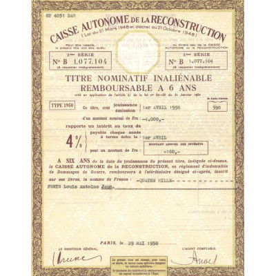 Caisse Autonome de la Reconstruction (Titre Nomin Remboursable 6 ans)