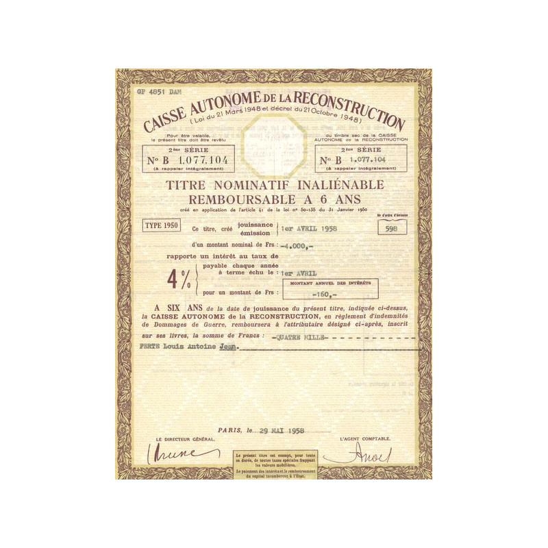Caisse Autonome de la Reconstruction (Titre Nomin Remboursable 6 ans)