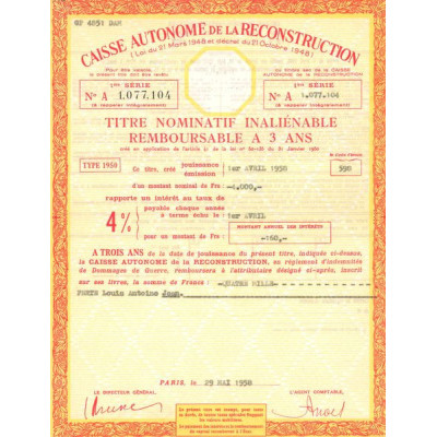 Caisse Autonome de la Reconstruction (Titre Nomin Remboursable 3 ans)