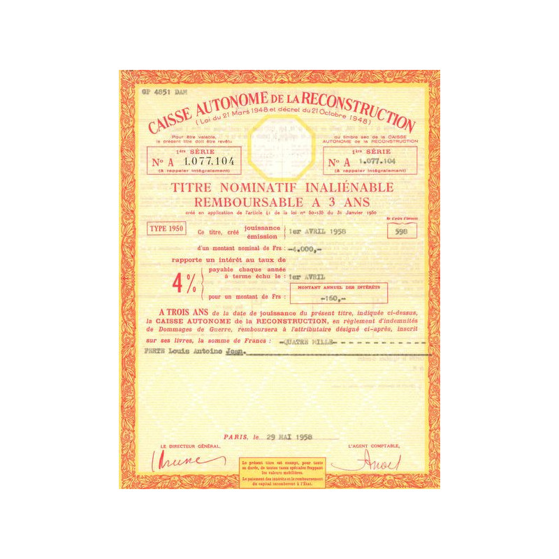 Caisse Autonome de la Reconstruction (Titre Nomin Remboursable 3 ans)