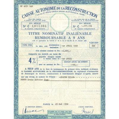 Caisse Autonome de la Reconstruction (Titre Nomin Remboursable 9 ans)