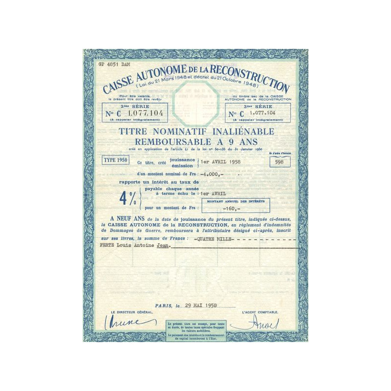 Caisse Autonome de la Reconstruction (Titre Nomin Remboursable 9 ans)