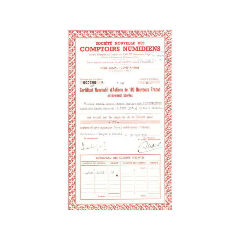 Sté Nouvelle des Comptoirs Numidiens (CN Act 100NF)