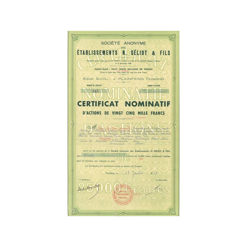 S.A des Ets N. Géliot & Fils (Cn Act de 25000 F)
