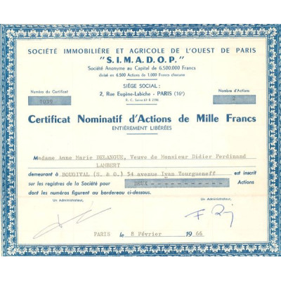 Sté Immobilière et Agricole de l'Ouest de Paris "S.I.M.A.D.O.P." (CN Act 1000F)