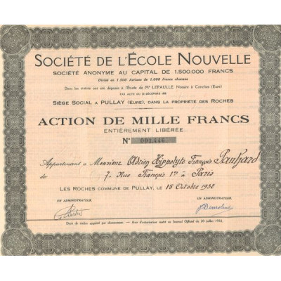 Sté de l'Ecole Nouvelle (Certif Nomin de 1000F)(Modele 2)