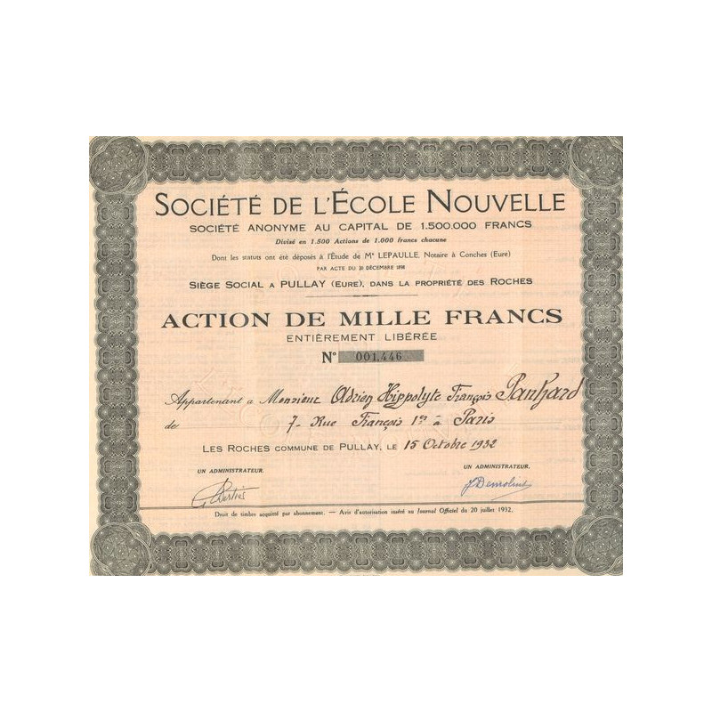 Sté de l'Ecole Nouvelle (Certif Nomin de 1000F)(Modele 2)